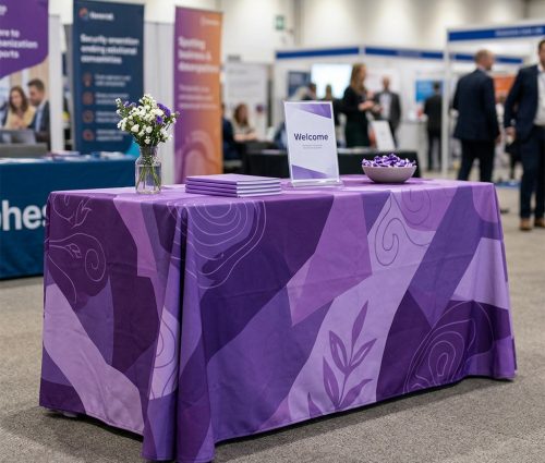 Bespoke,Printed,Table,Cloth,In,An,Exhibition,Setting,With,No